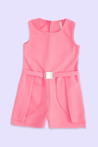 pink textured round neck casual knee length sleeveless girls regular fit jumpsuit