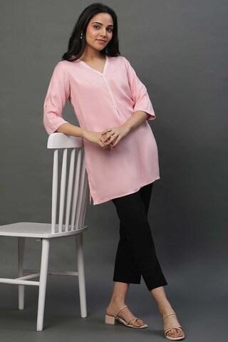 pink textured thigh-length casual women regular fit kurtas