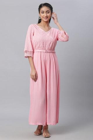 pink textured v neck casual ankle-length 3/4th sleeves women regular fit jumpsuit