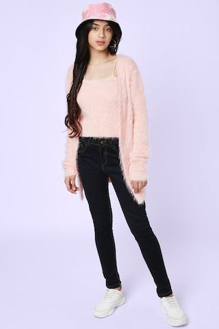 pink textured winter wear full sleeves round neck girls regular fit sweater