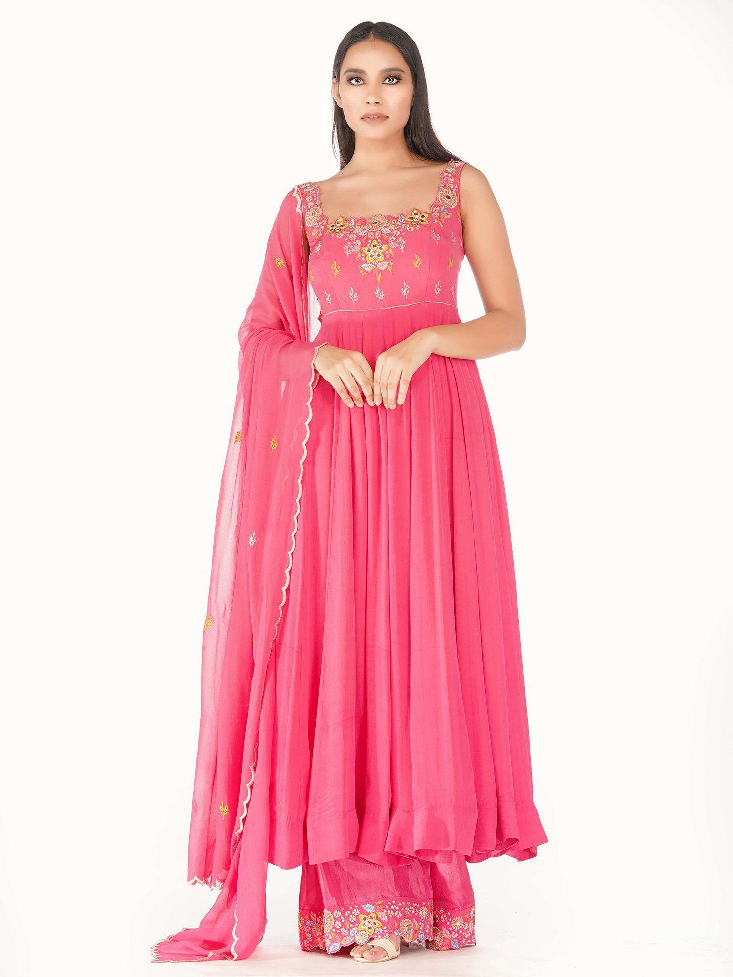 pink thread and mirror work anarkali (set of 3)