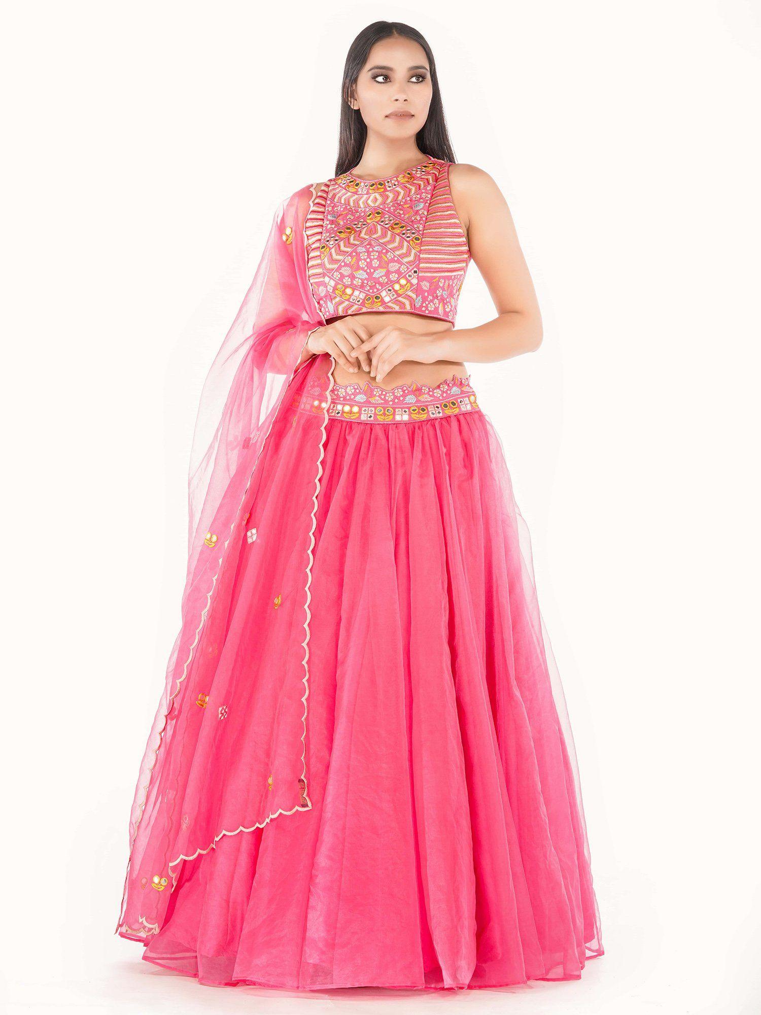 pink thread and mirror work lehenga (set of 3)