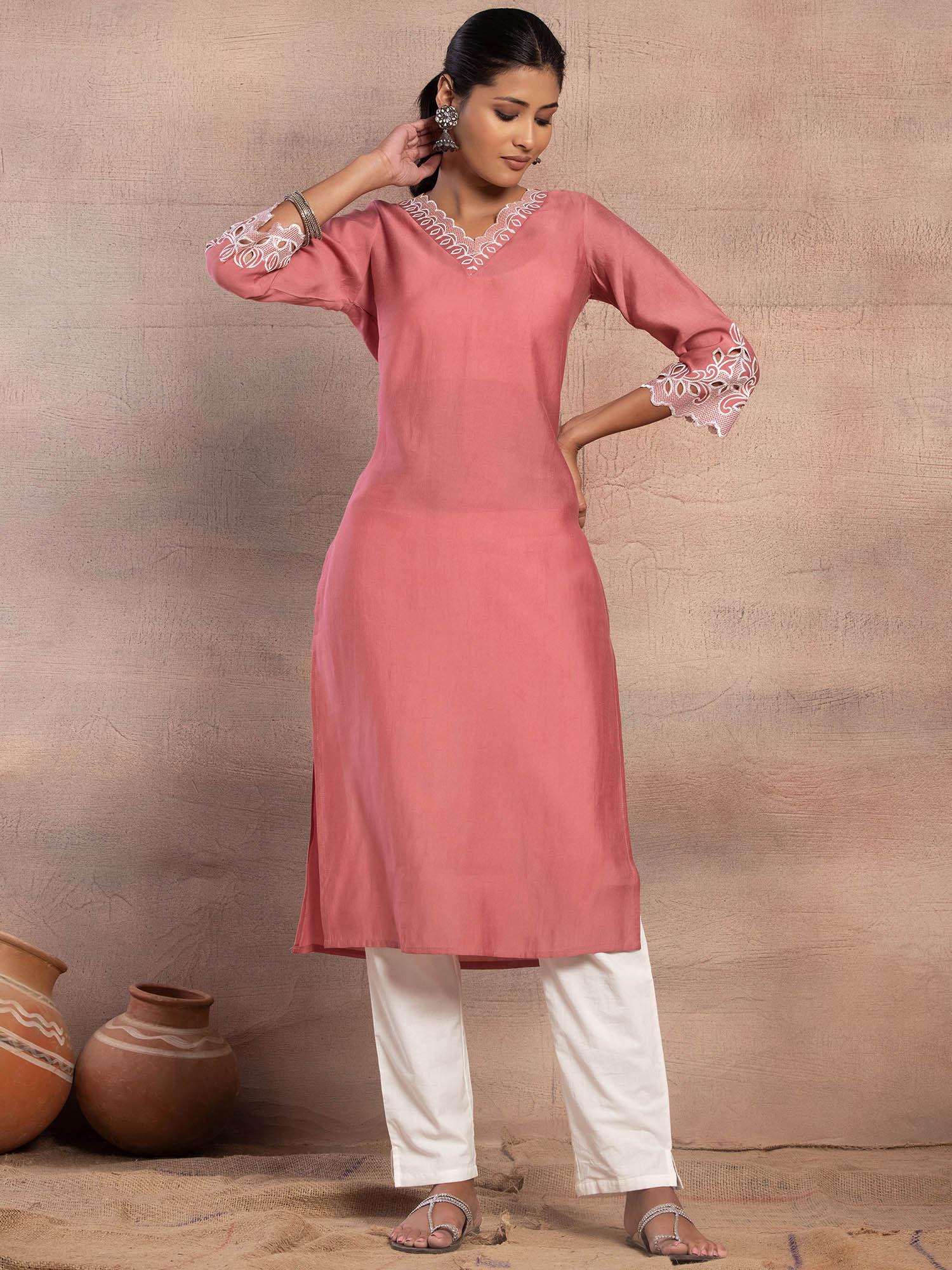 pink thread embroidered muslin straight kurta