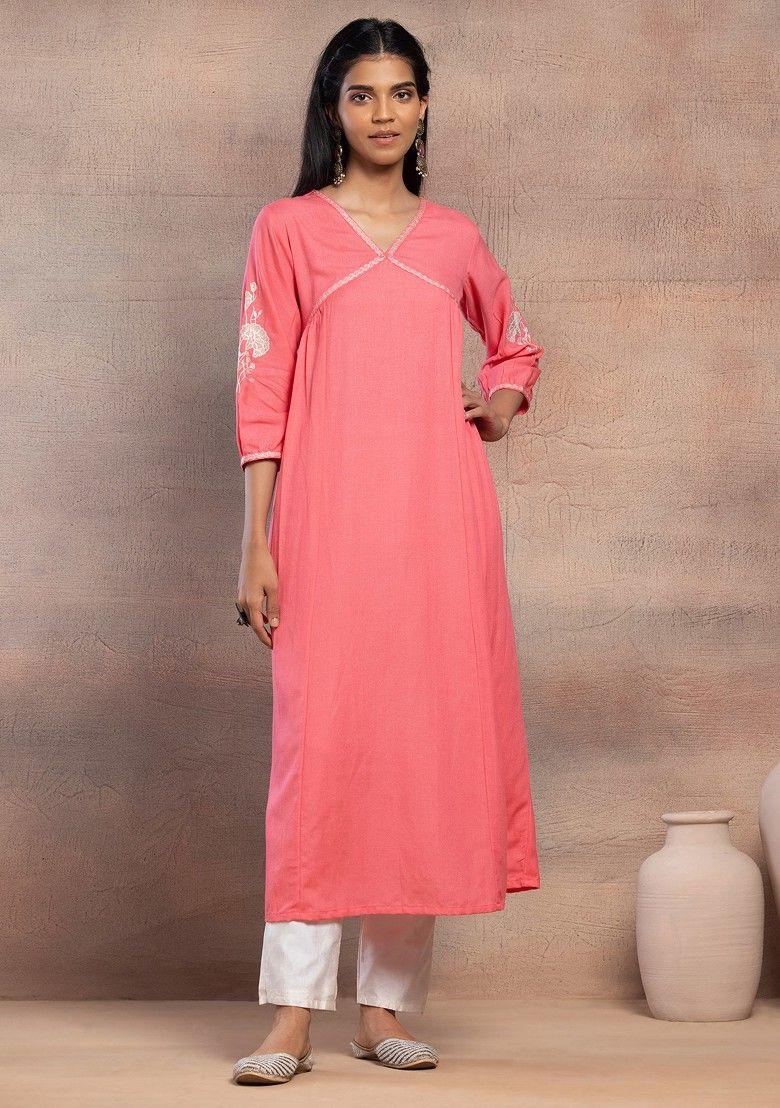 pink thread embroidered v-neck cotton a-line kurta