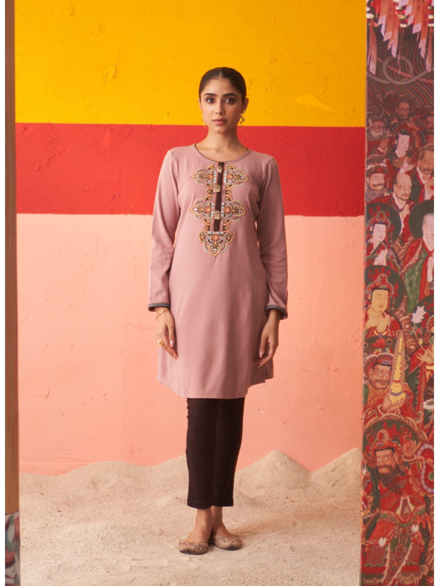 pink thread work woolen kurta with brooch