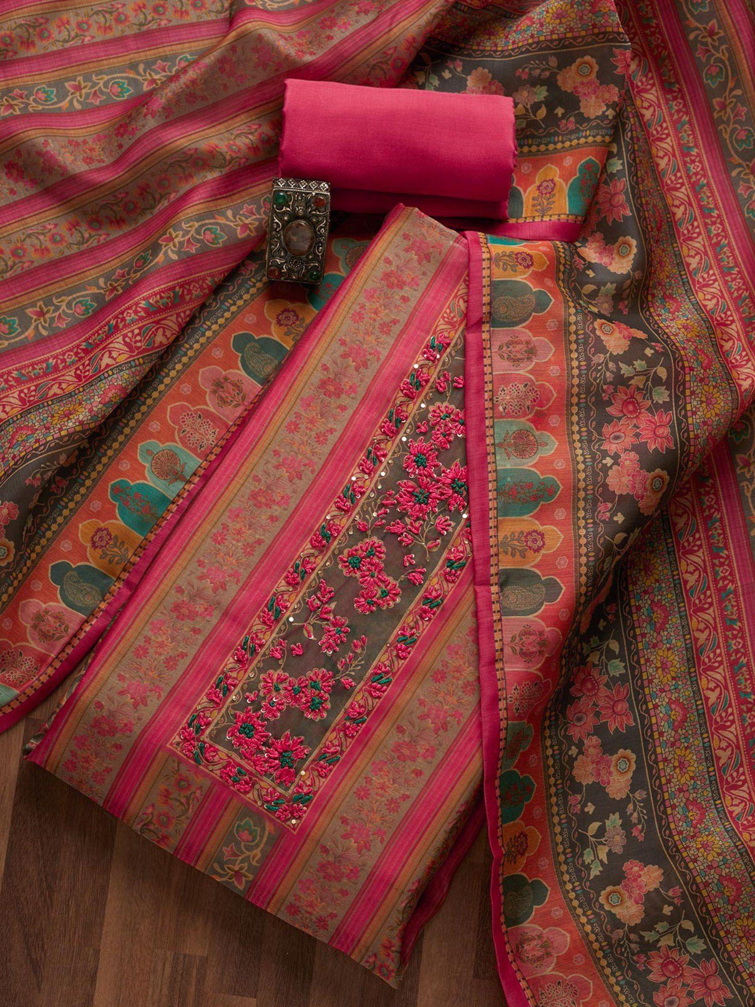 pink threadwork chanderi unstitched salwar suit (set of three)
