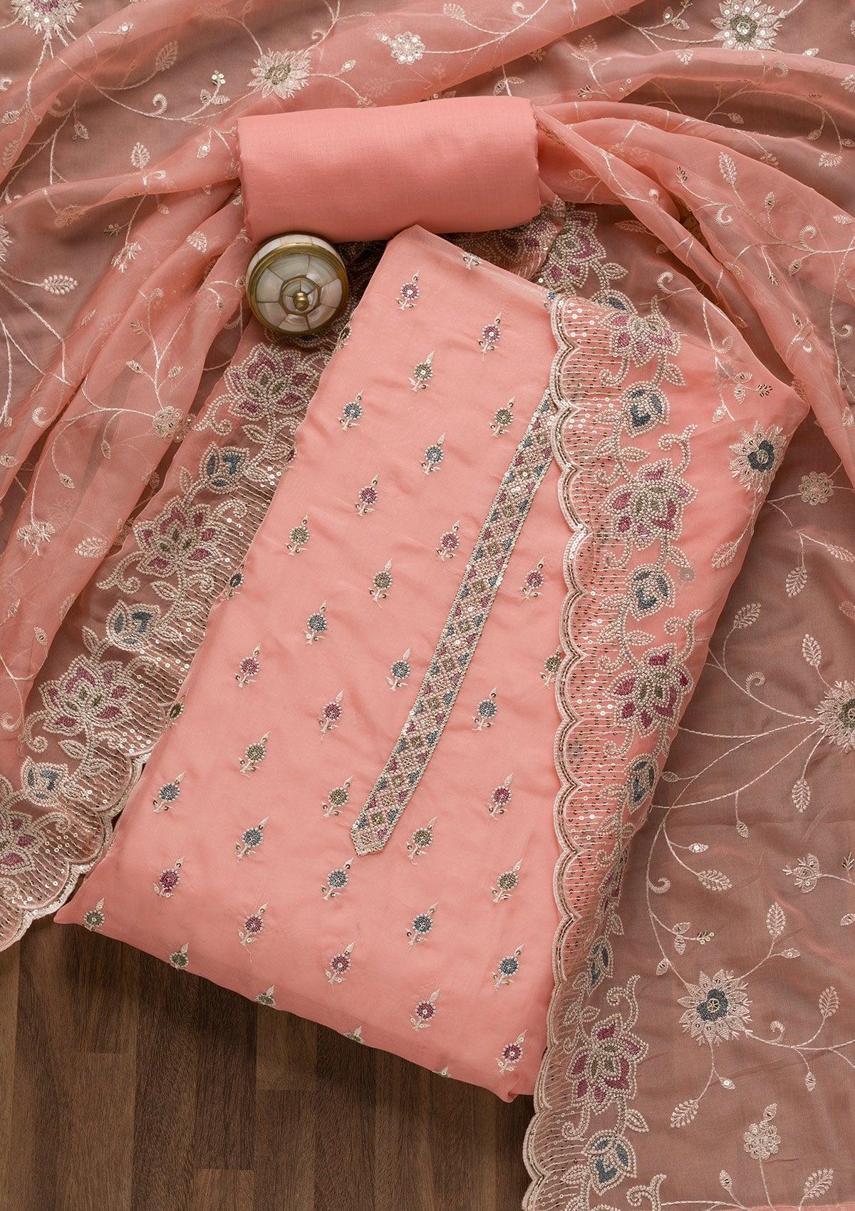 pink threadwork tissue unstitched salwar suit