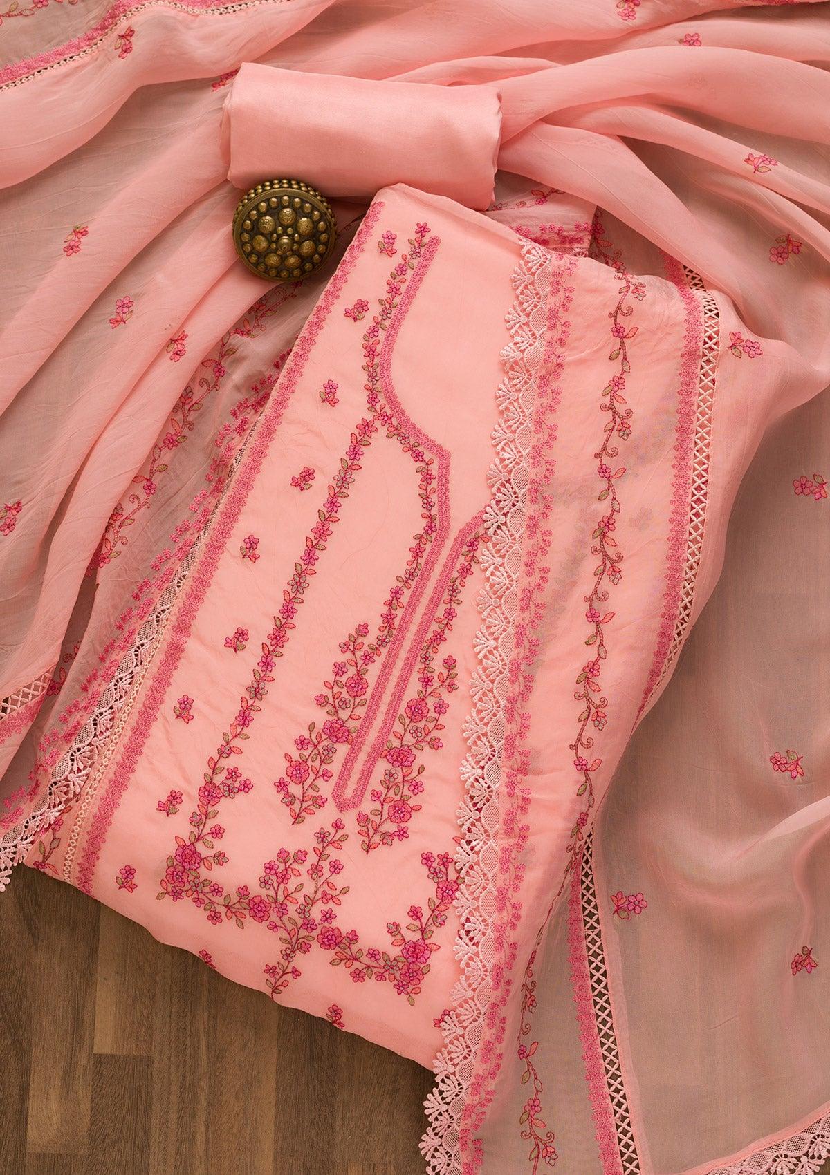 pink threadwork tissue unstitched salwar suit