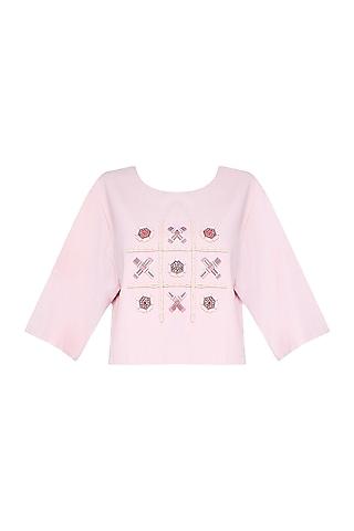 pink tic tac toe embroidered top