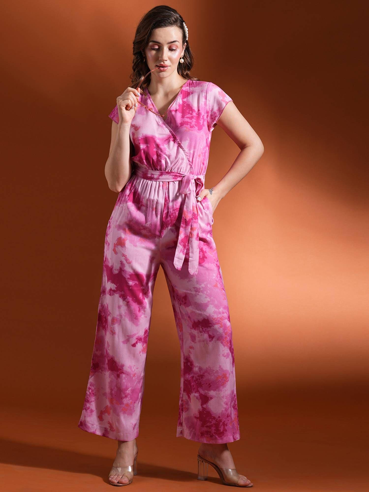 pink tie- dye print wrap neck waist tie-up jumpsuit with belt (set of 2)