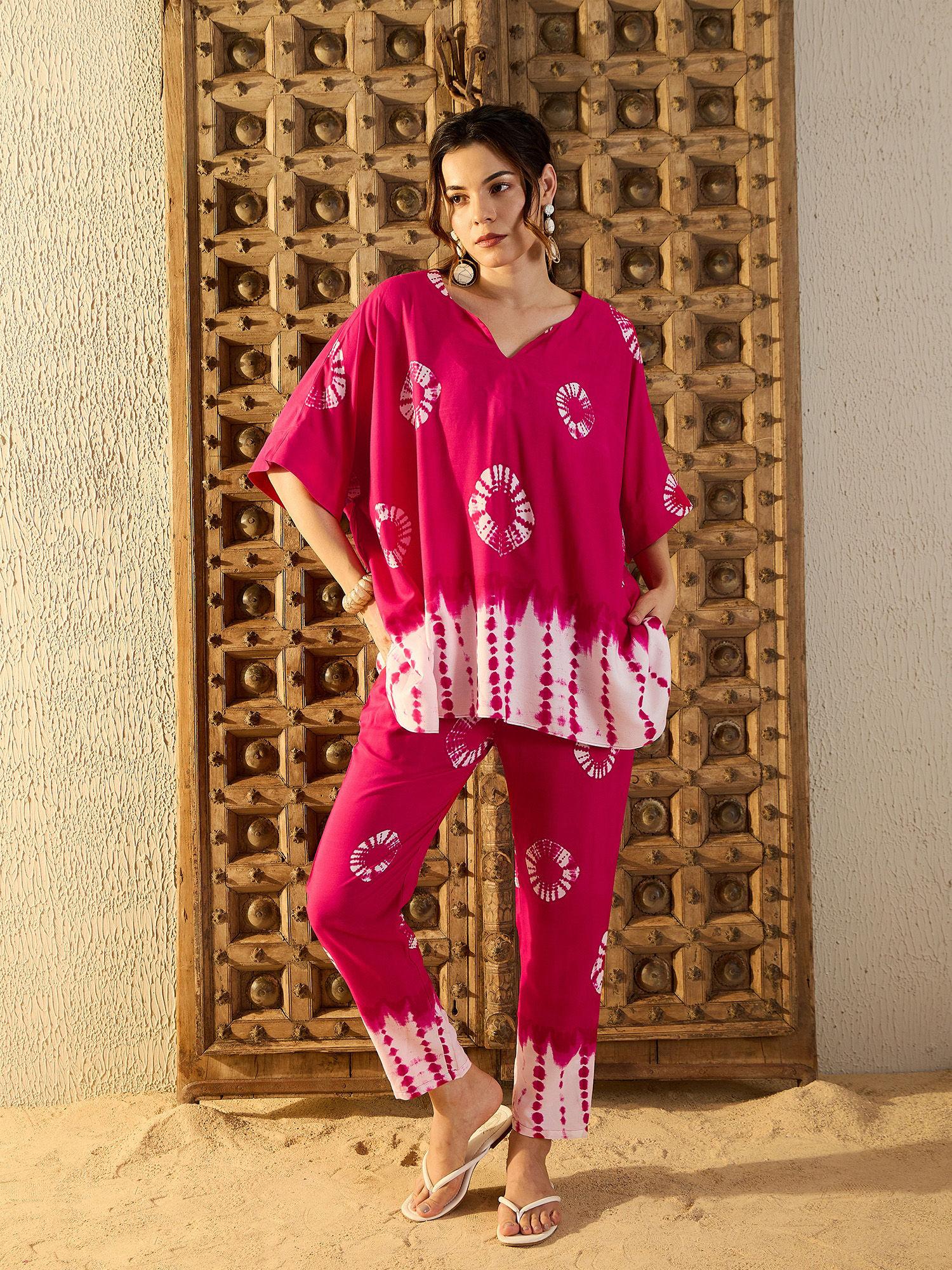 pink tie-dye anti fit kaftan with pant (set of 2)