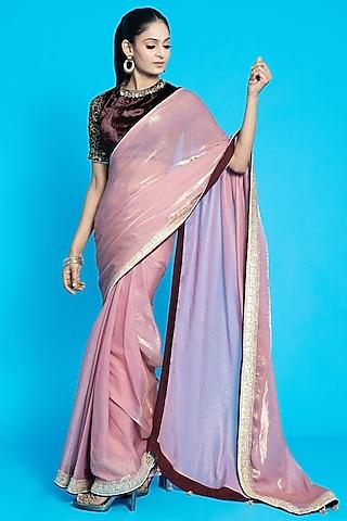 pink tissue & velvet saree set