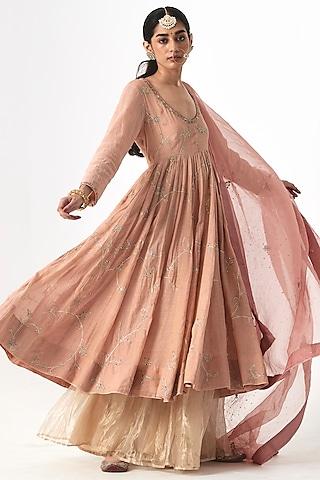 pink tissue chanderi aari & zardosi embroidered anarkali set