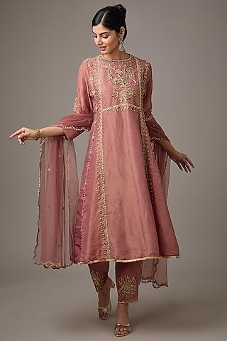 pink tissue dori hand embroidered kurta set