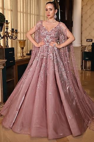 pink tissue organza sequins embroidered gown with cape