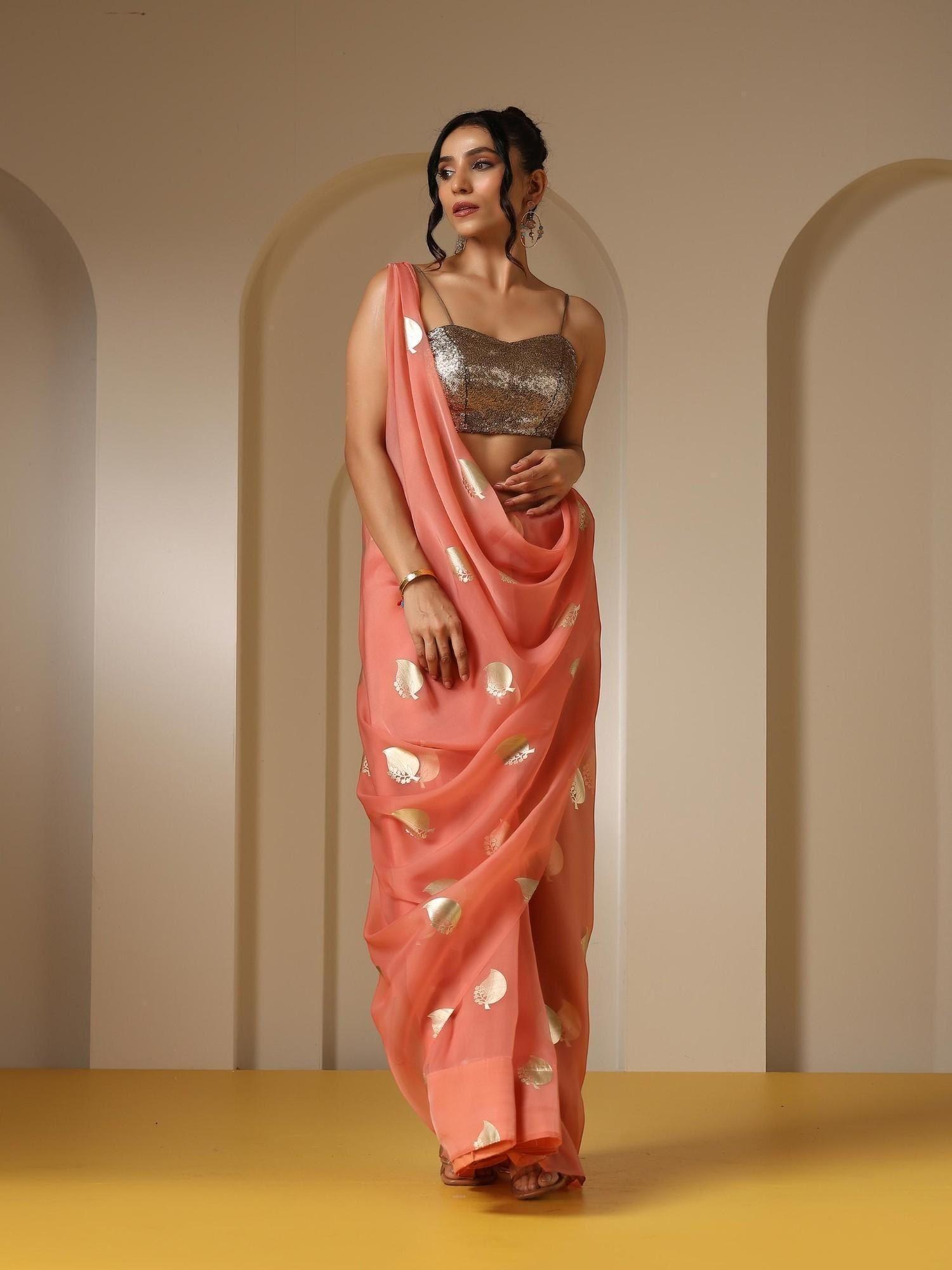 pink tree leaf motif gold print organza saree