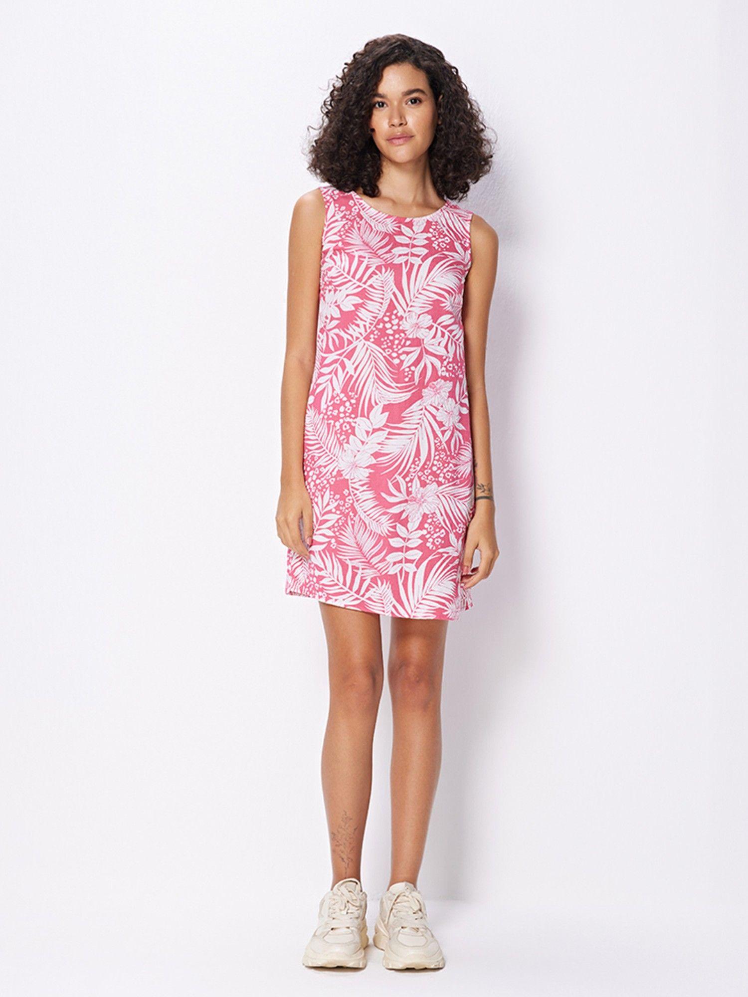 pink tropical print shift mini dress