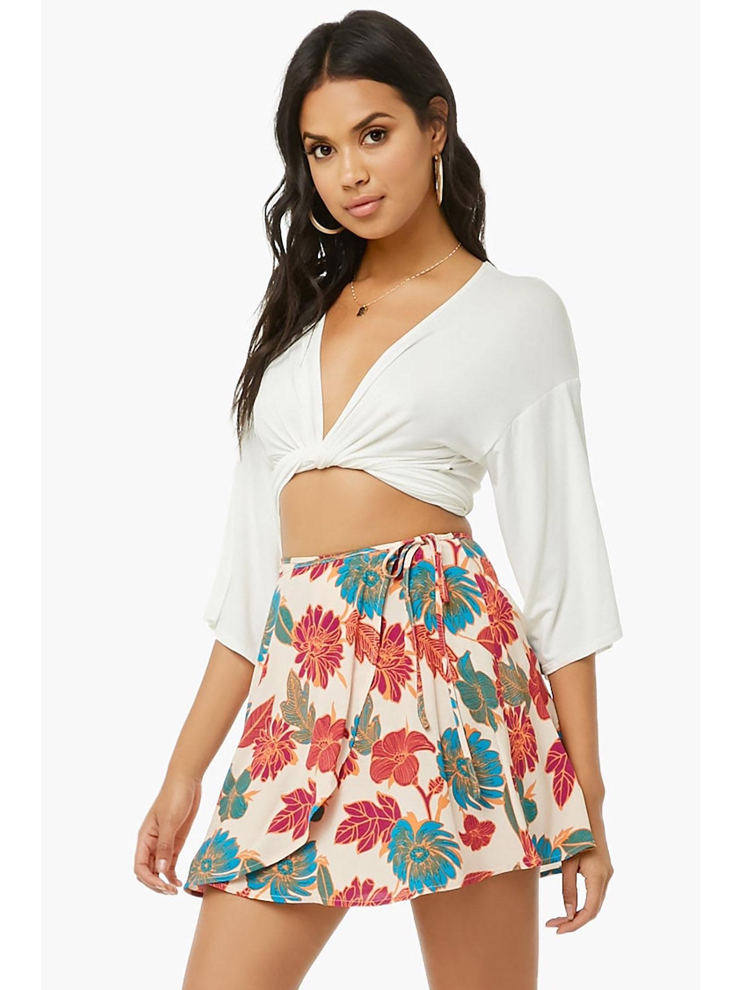 pink tropical wrap mini skirt