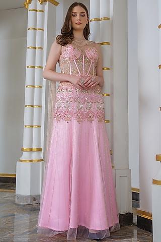 pink tulle & heavy satin hand embroidered corset draped gown