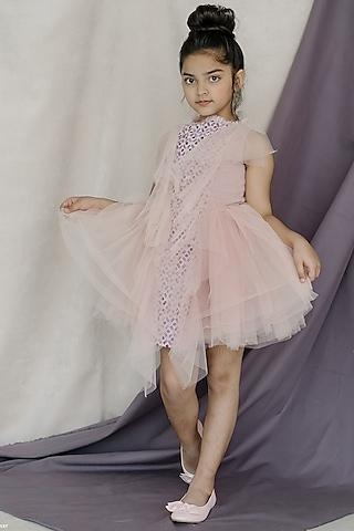 pink tulle & net hand embroidered layered dress for girls