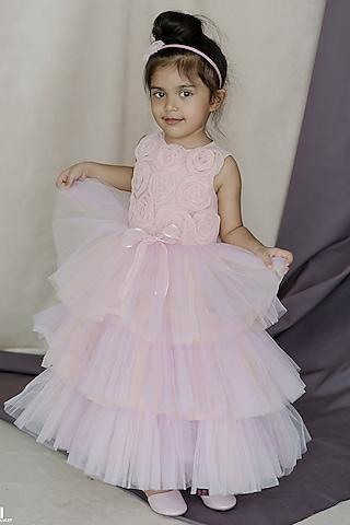 pink tulle & net hand embroidered tiered dress for girls