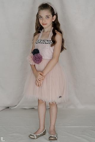 pink tulle & net pearl embellished dress for girls
