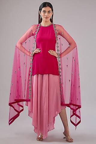 pink tulle crystal beads embroidered cape set