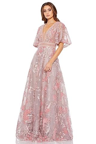 pink tulle embroidered a-line gown