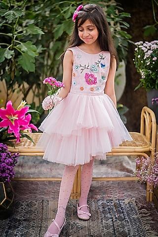 pink tulle embroidered asymmetrical layered dress for girls