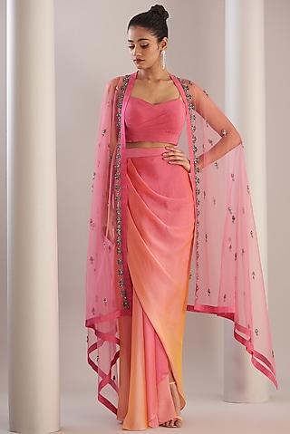 pink tulle embroidered cape set