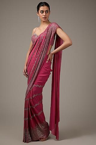 pink tulle embroidered pre-stitched saree set