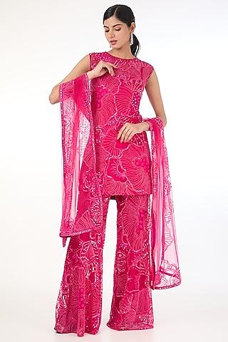 pink tulle embroidered sleeveless tunic set