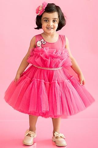 pink tulle hand embroidered draped dress for girls