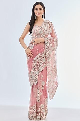 pink tulle hand embroidered saree set