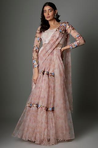 pink tulle sequins embellished & printed draped gown saree