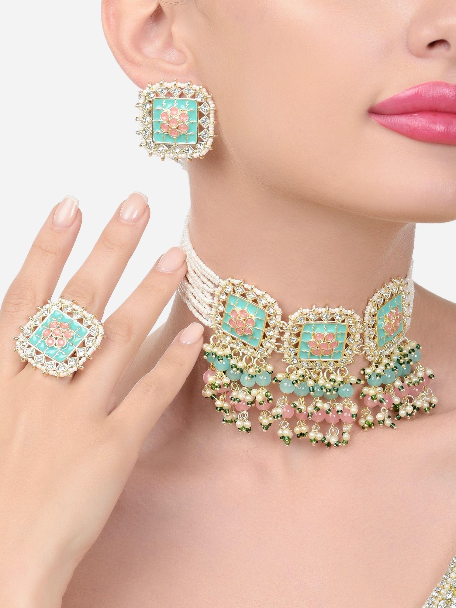 pink turquoise enamel multistrand necklace earring & ring set-zpfk15449