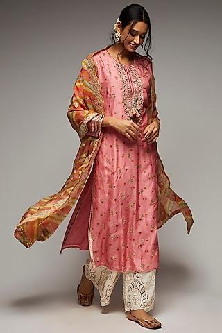 pink tussar silk embroidered tunic set