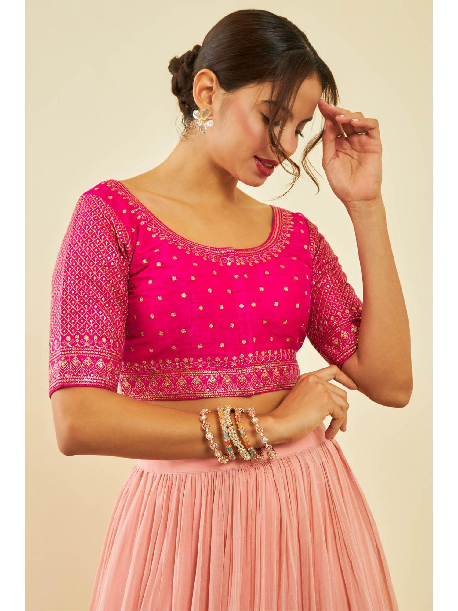 pink tusshar silk embroidered stitched blouse with sequins