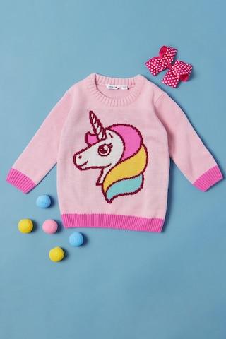 pink unicorn pattern casual full sleeves round neck baby regular fit sweater