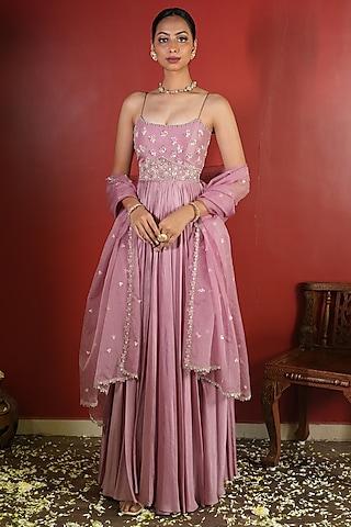 pink upada silk embroidered anarkali set