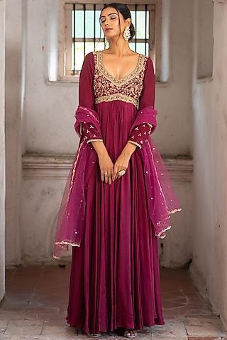 pink upada silk embroidered anarkali set