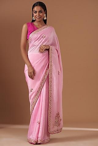 pink upada silk embroidered saree