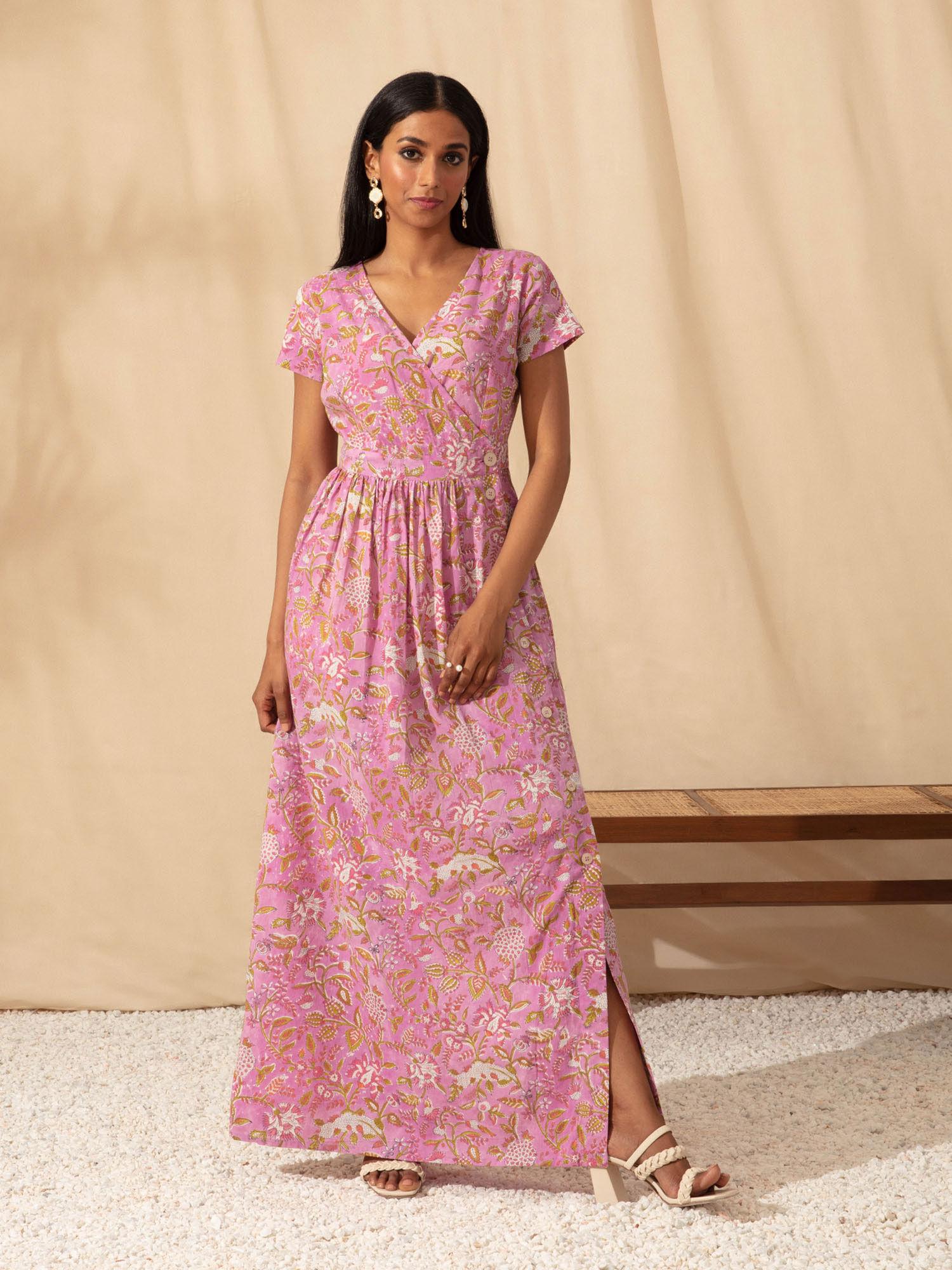 pink v neck fit & flare printed cotton maxi dress