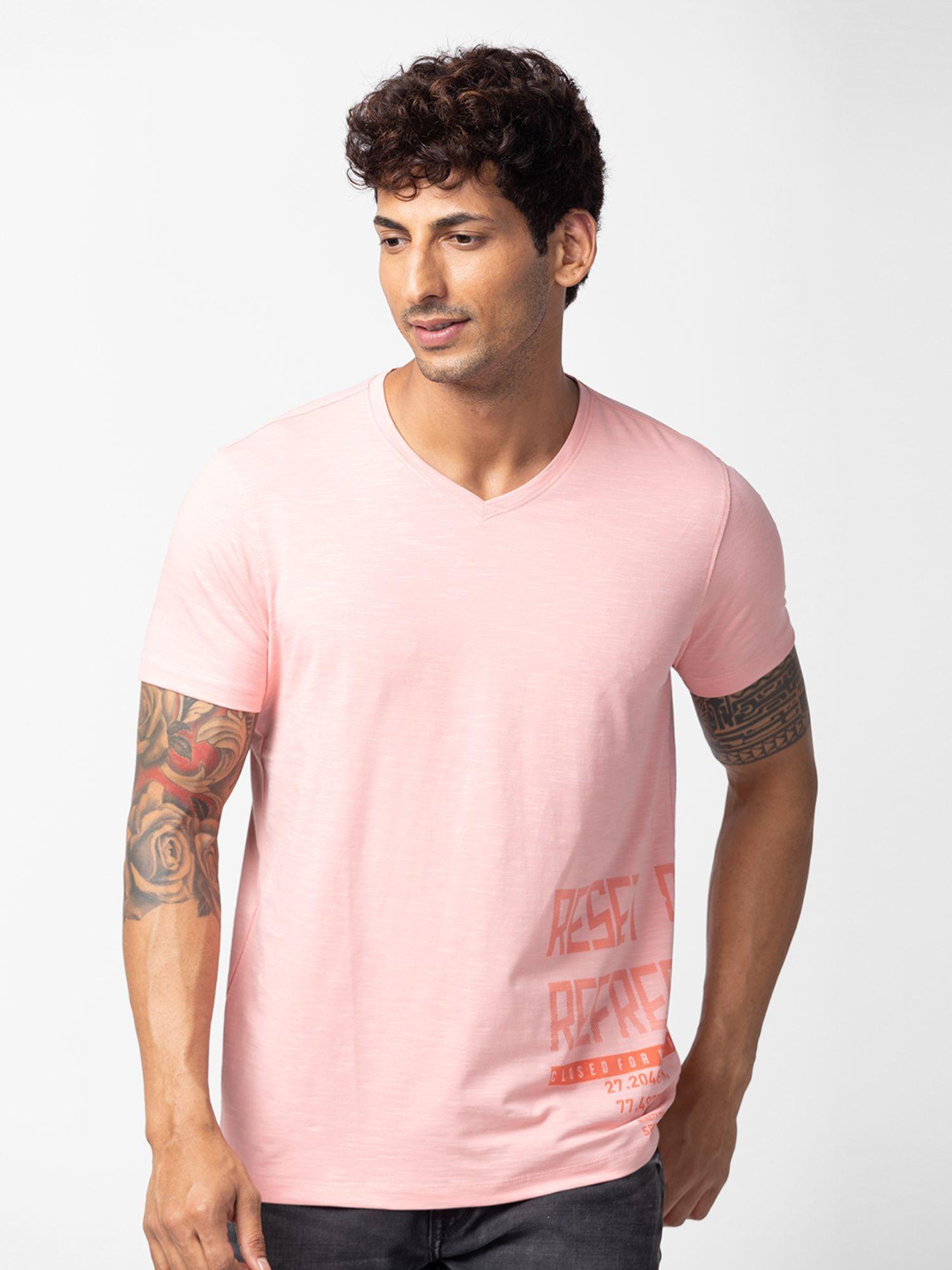 pink v neck half sleeves blended t-shirt for men