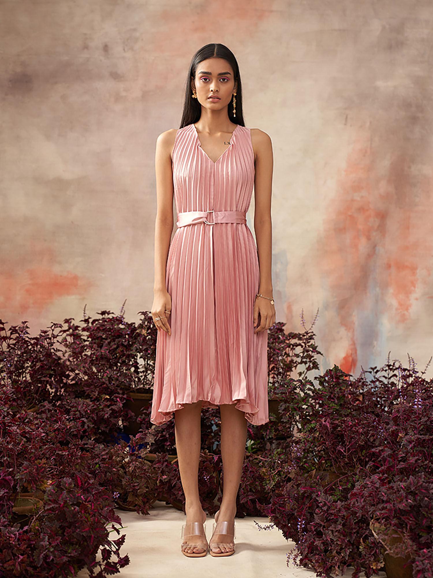 pink v neck pleated dress