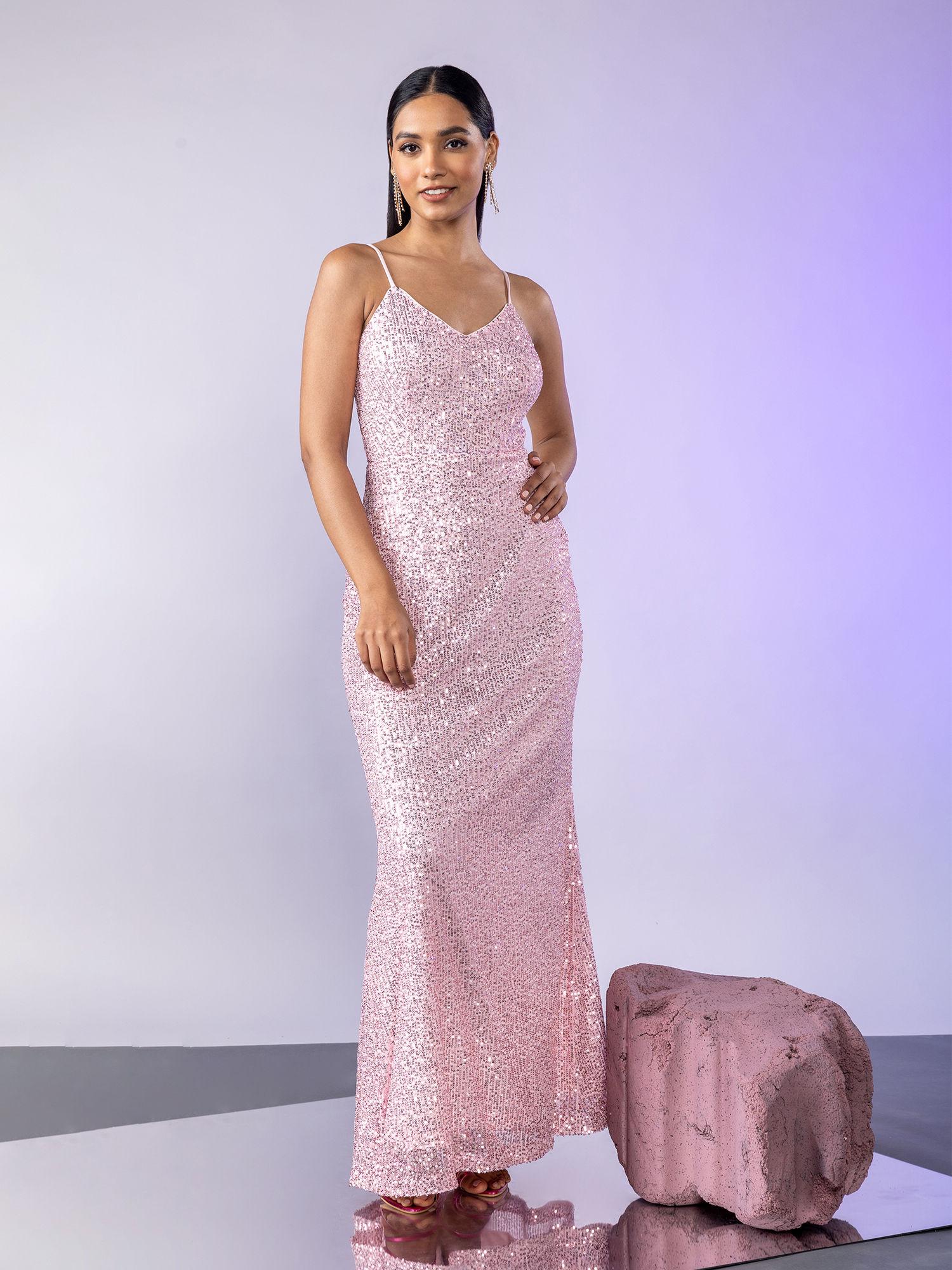 pink v neck strappy godet sequin gown