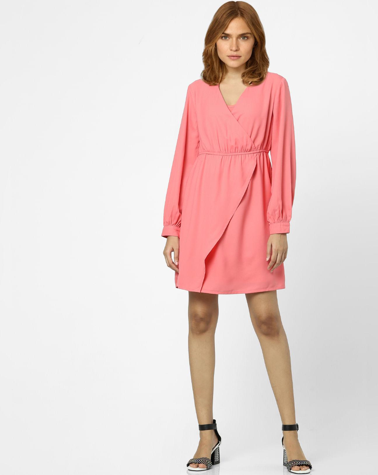 pink v-neck wrap dress