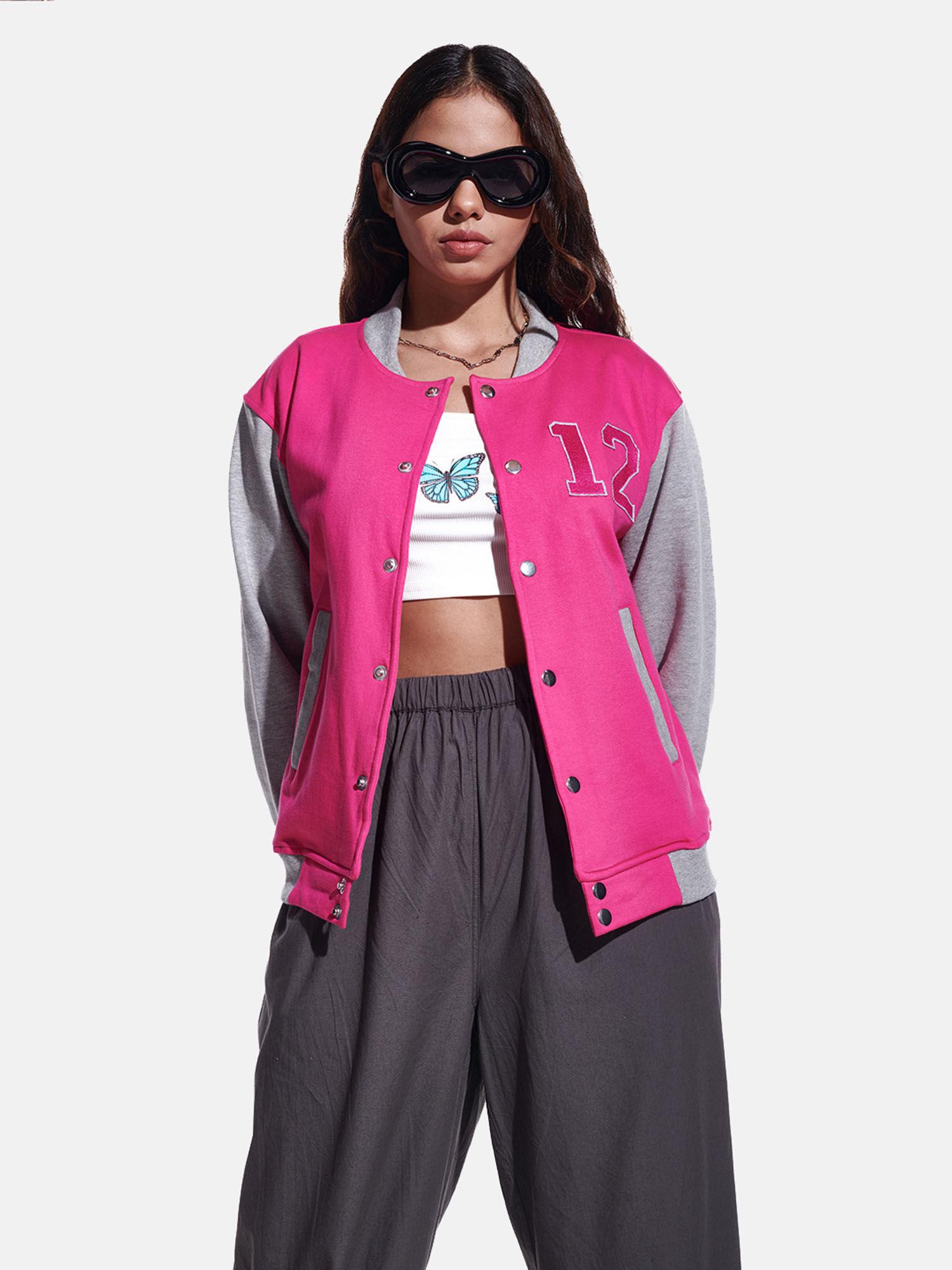 pink varsity jacket