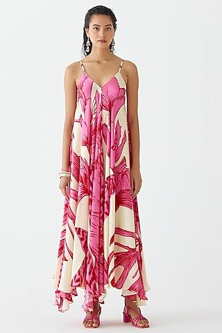 pink vegan silk printed strappy dress