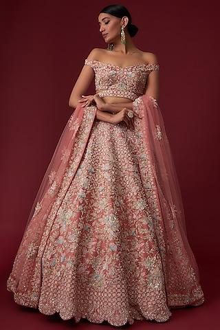 pink velvet hand embroidered lehenga set